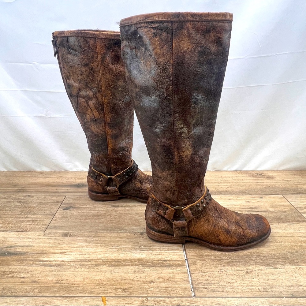 Frye Brown Tall Boots with Studded Strap